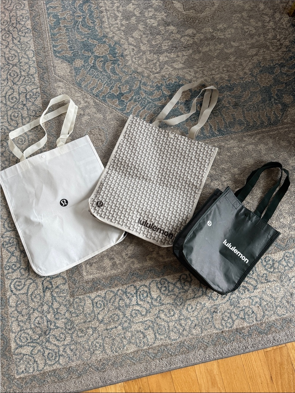 Lululemon Reusable Tote Bag Trio - White, Gray, Dark Green.